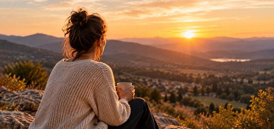 Femme observant un coucher de soleil