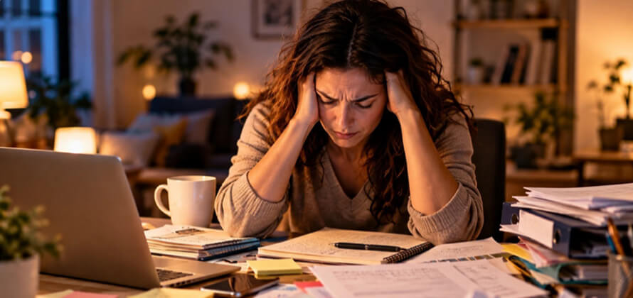 Femme fatiguée, assise à son bureau